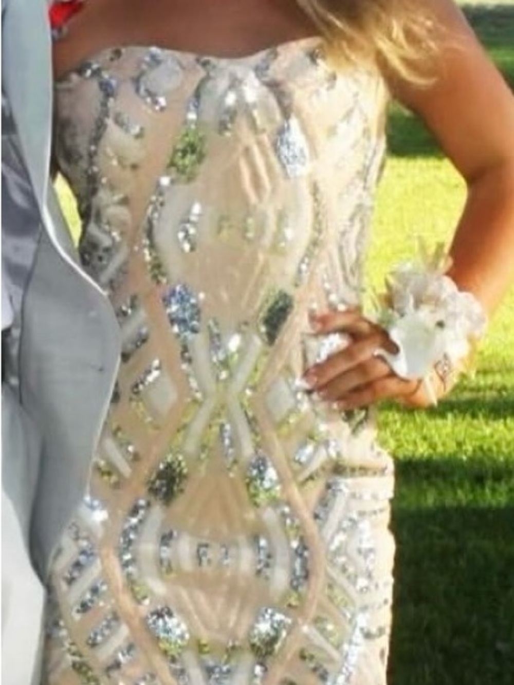Teeze Me Strapless Nude Dress with Silver Sequin Detail
